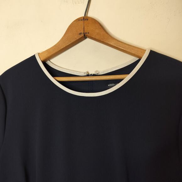 Maggy London Navy Midi Dress Short Sleeve Hi Low Flounce Hem - Picture 5 of 7
